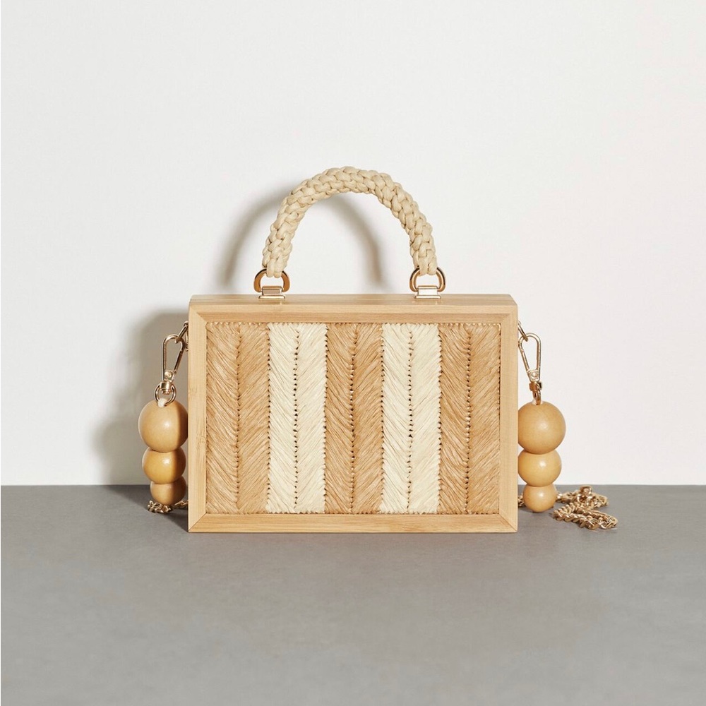 Zara Natural Straw Box Clutch with Beaded Chain